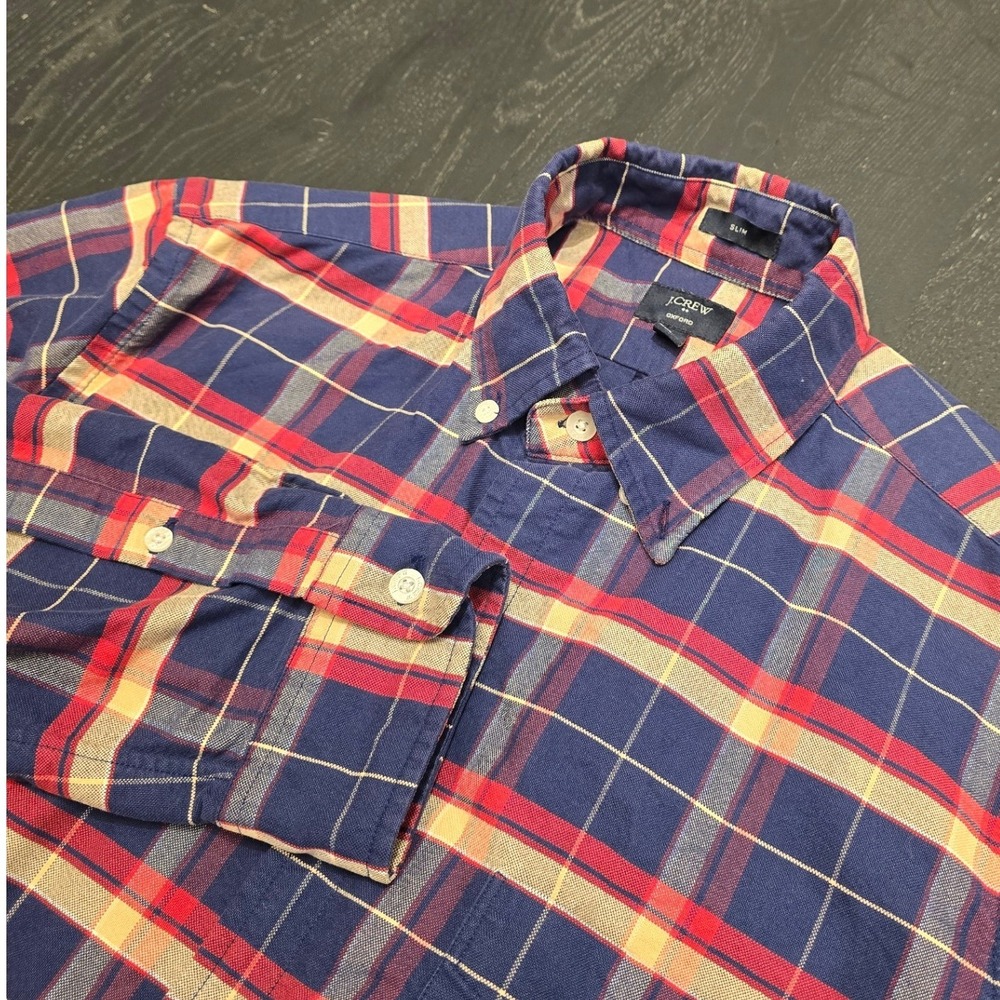 J.Crew Mens Slim Oxford Shirt Medium Blue Red Yellow Plaid Button Down Long Slv